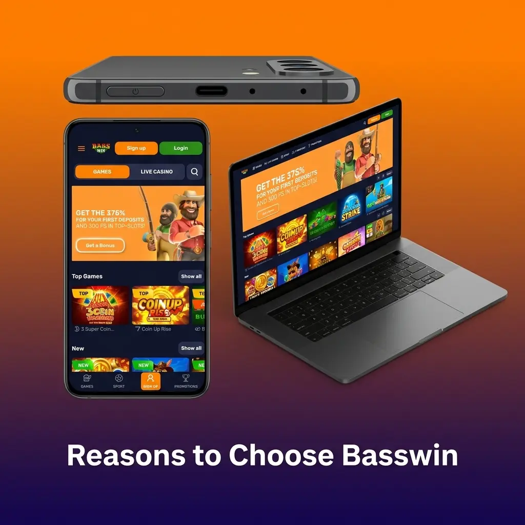 Basswin platform showcasing sports betting, 5000 casino games, welcome bonus, mobile apps, and crypto deposits for UK players