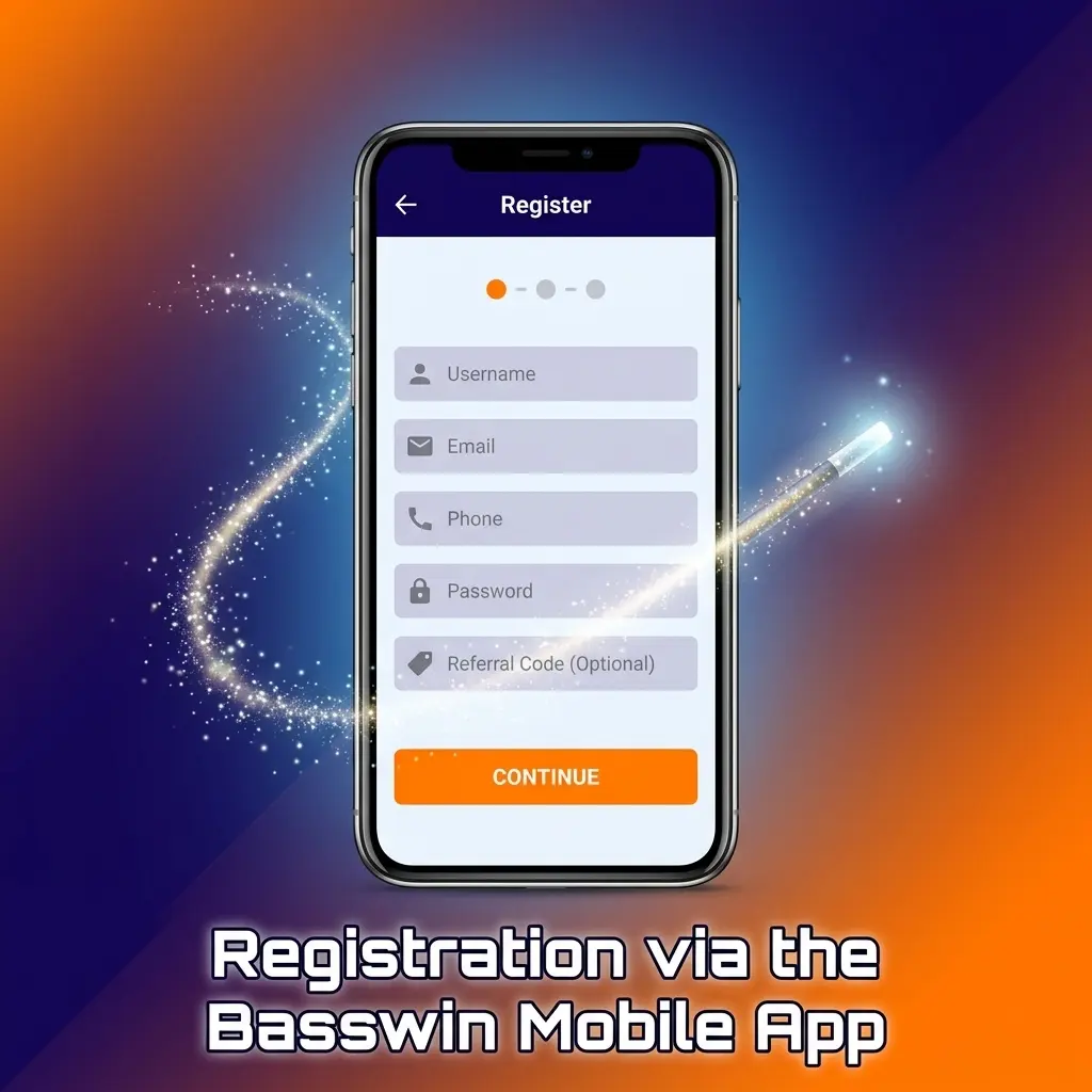Basswin mobile app registration screen showing sign-up steps on a touchscreen-optimised interface for UK users